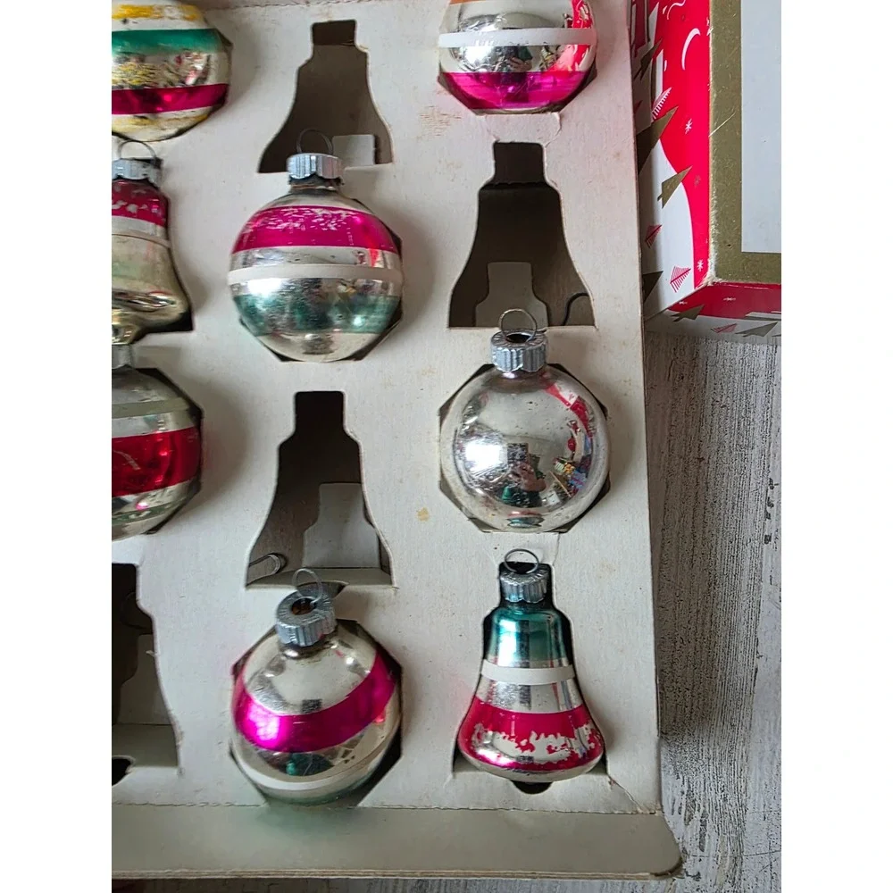 Vintage shiny Brite ornament set Bell striped pink green red box Xmas tree